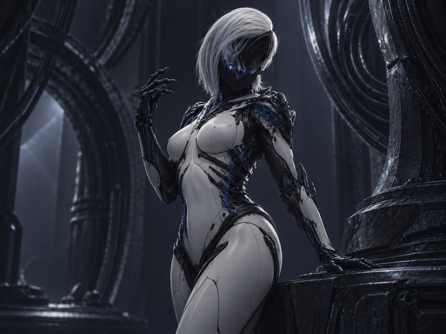 Injector's silver-haired android mascot standing beside a sculptural mechanical console