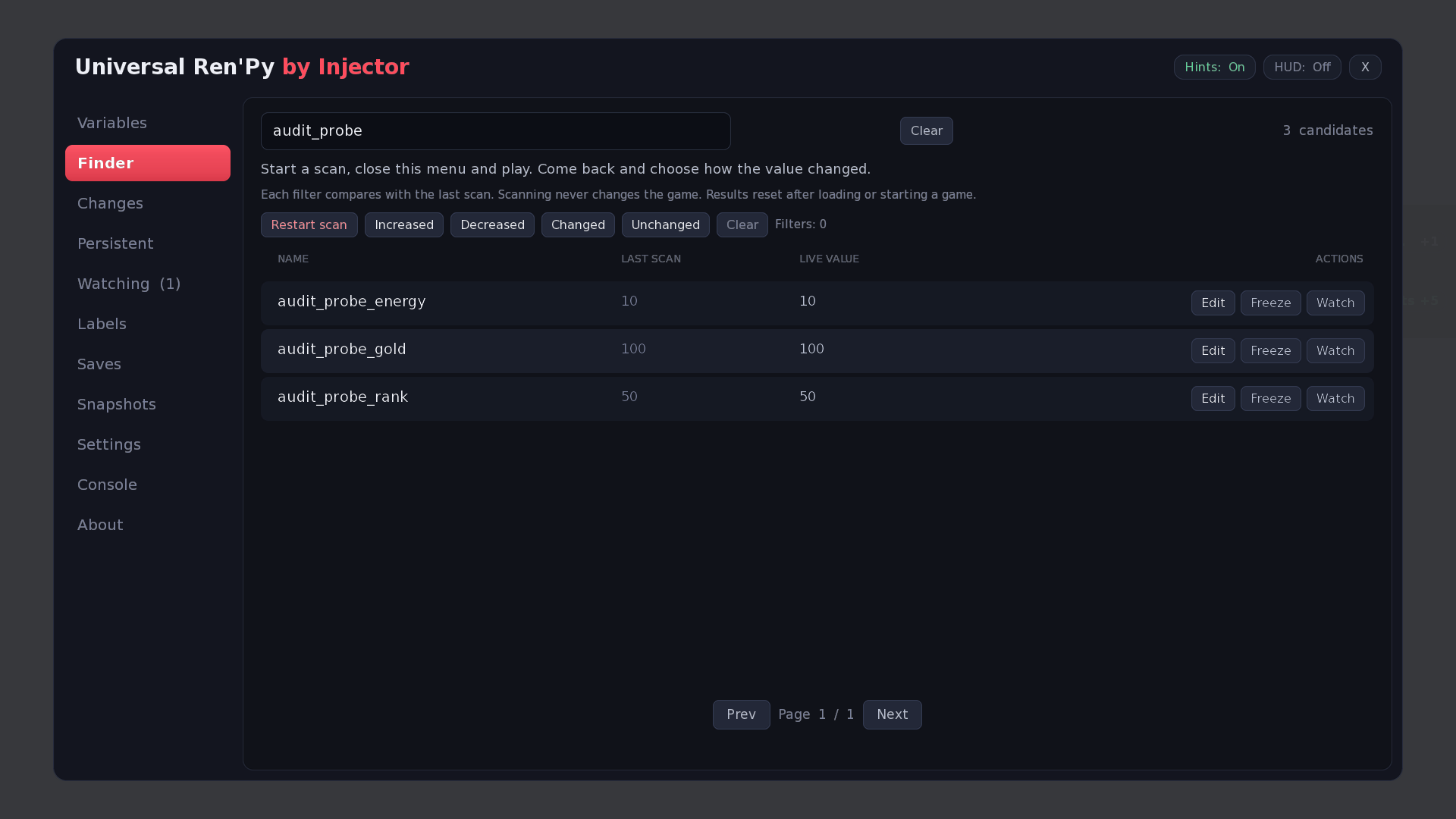Universal Ren'Py variable finder with scan filters, editable values, and a navigation sidebar